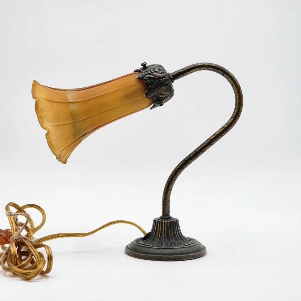 Vintage Art Nouveau Table Lamp Amber Slag Glass Shade Gooseneck Accent Light